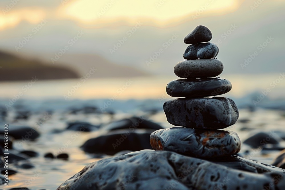 Fototapeta premium A serene pile of zen stones delicately balanced by a tranquil water body at dusk