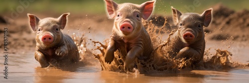 Muddy Piglet Race Adventure - Three energetic piglets racing joyfully in mud, a dynamic and playful image capturing the essence of carefree farm life. photo