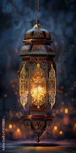 Ramadan lantern with golden Islamic inscriptions with a hollow background