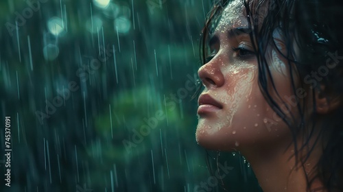 Wet hair woman portrait in wet clothes sitting on the grass under the summer rain