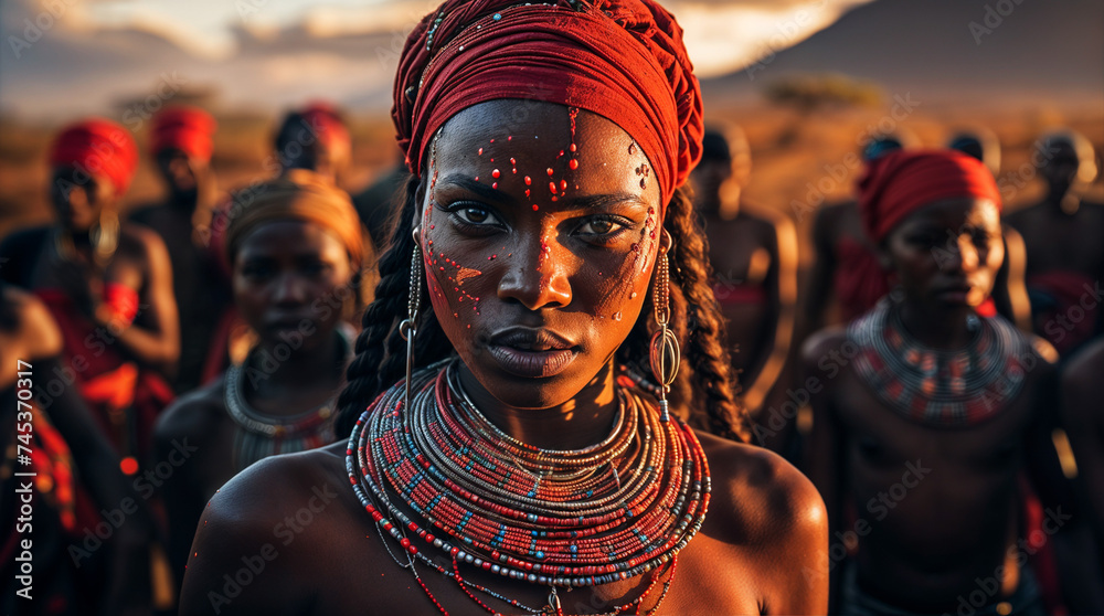 A young African woman wearing a red turban, beaded necklaces and face paint stands in front of a group of people in the background - obrazy, fototapety, plakaty 