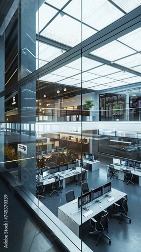Modern Office Interior with Glass Walls and Workstations
