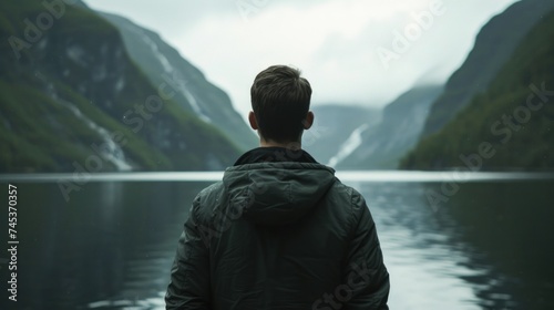 a person standing in front of a body of water with mountains in the back ground and fog in the air.