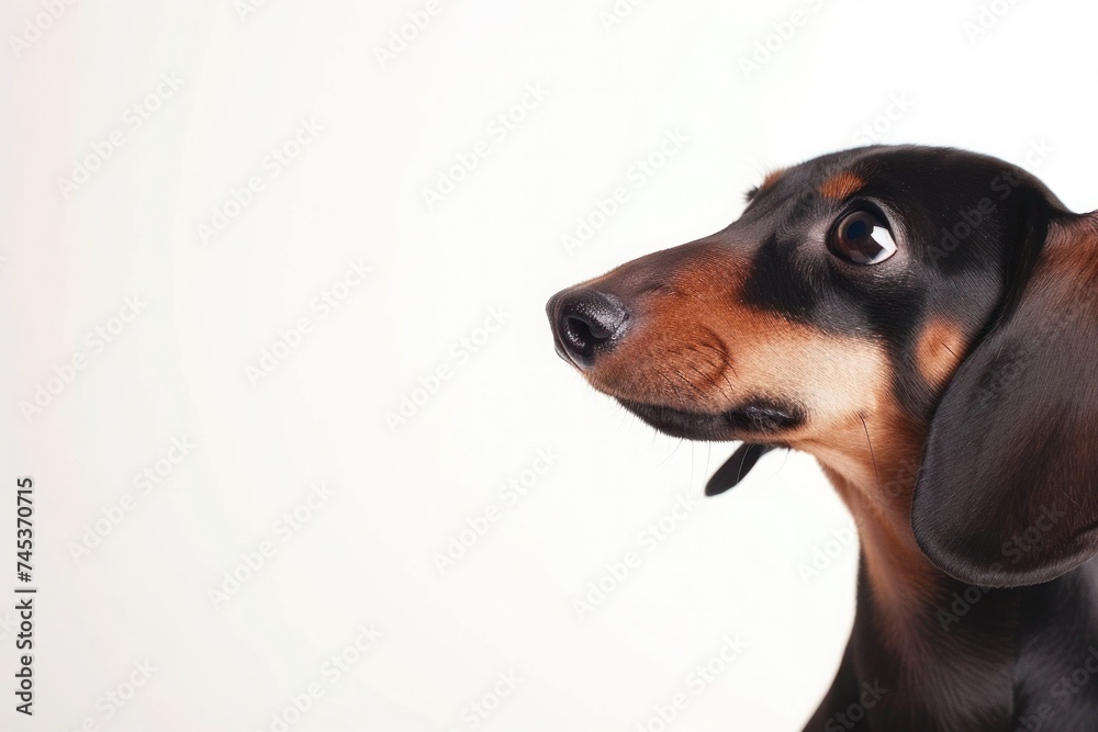 a black and brown dachshund is looking up on a white background