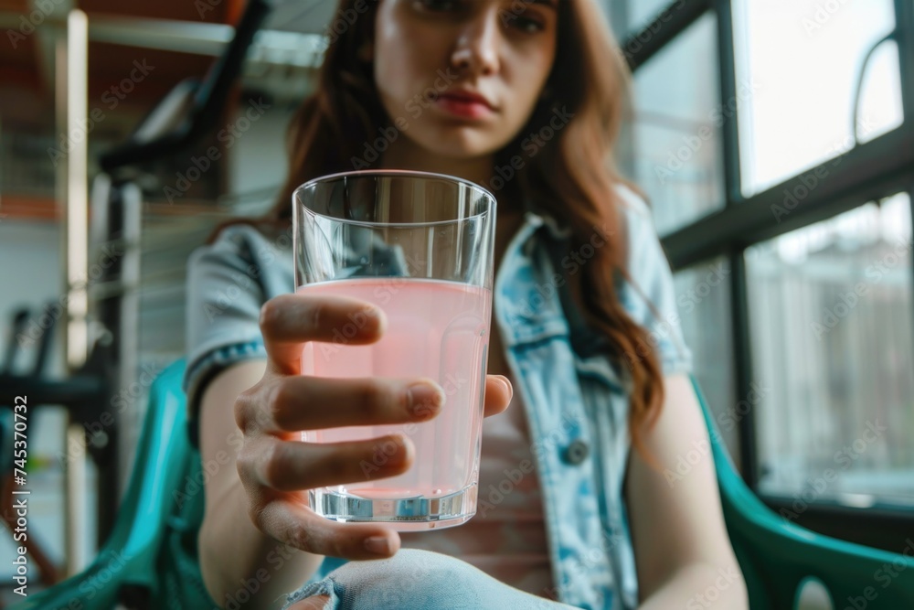 Young woman holding a glass of collagen. Liquid collagen supplement. Pink drink. cocktail Young woman holding a glass of collagen. Liquid collagen supplement. Pink drink. cocktail