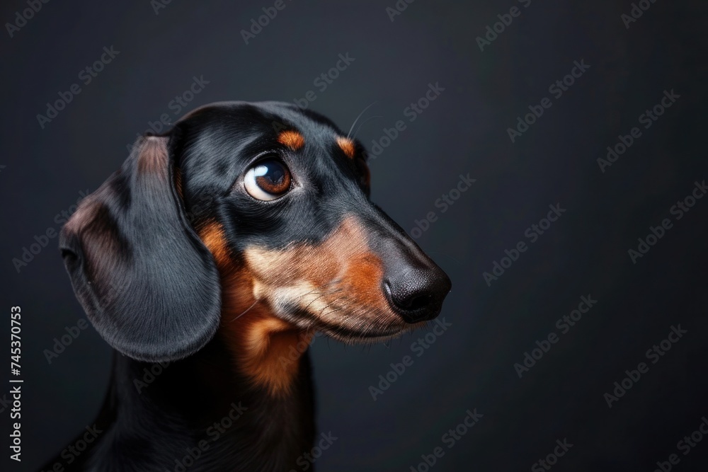 Black and brown dachshund staring at camera on dark background