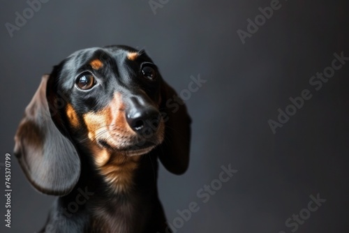 a black and brown dachshund is looking at the camera with a gray background