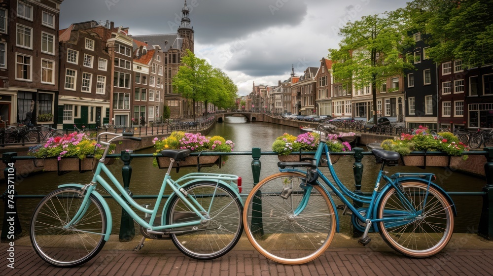 two blue bicycles parked next to each other on a bridge over a river with buildings in the background and flowers in the foreground.