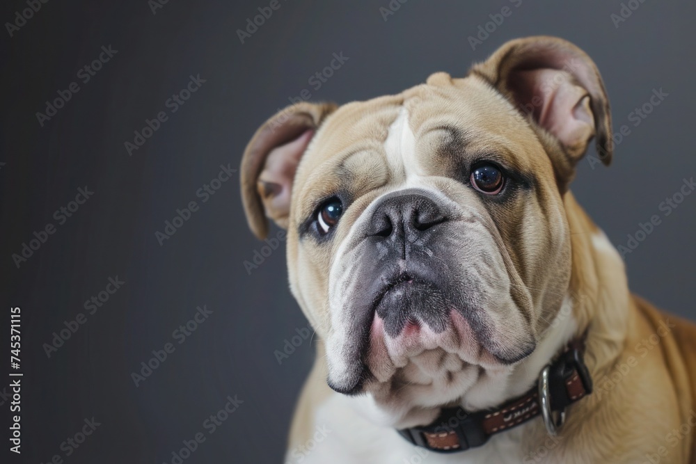 Closeup portrait of a Bulldog with wrinkled snout looking at the camera