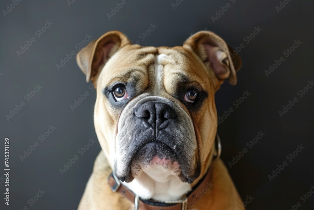 Close up of a wrinkled bulldogs fawn snout staring at the camera