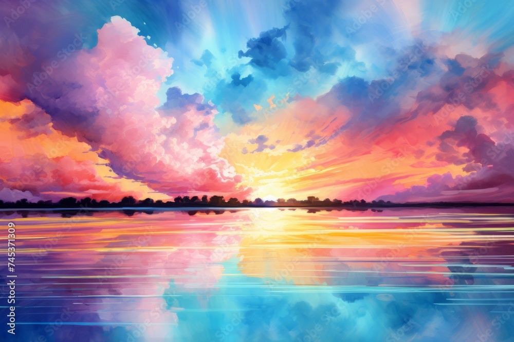 Picturesque Lake Sunset Panorama - A panoramic view of a lake at sunset, where the fiery sky meets the calm waters, creating a picturesque scene of natural harmony.