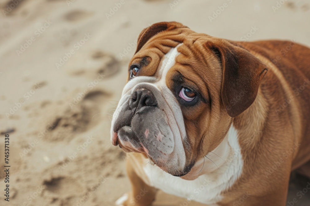 a brown and white bulldog is sitting on the beach looking up