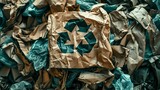 An impactful image representing recycling with a crumpled paper bag featuring the recycle symbol amidst a pile of paper