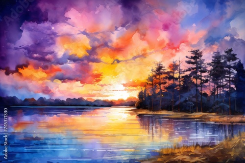 Enchanted Evening Skyline Ablaze - The evening sky comes alive with an enchanting array of colors, setting the horizon ablaze and reflecting on the water's surface.