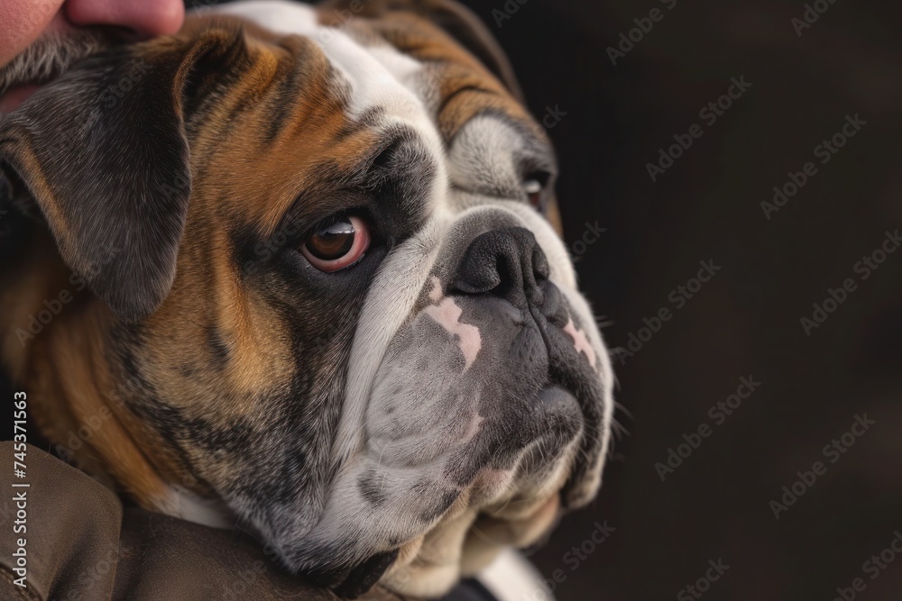 a close up of a person holding a bulldog in their arms