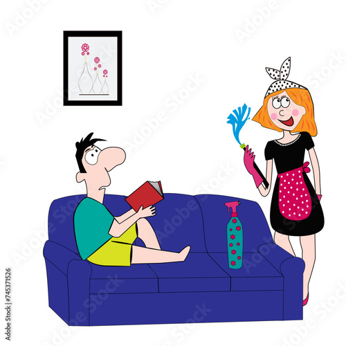 Hombre tumbado en sofá leyendo y mujer de la limpieza.