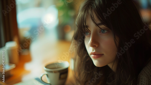 Um momento aconchegante jovem desfrutando de um café em cafeteria moderna sob luz natural suave e tons quentes