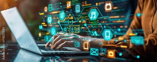 Close up of a virtual consultation with a financial advisor on a laptop with digital icons representing secure encrypted communication channels photo