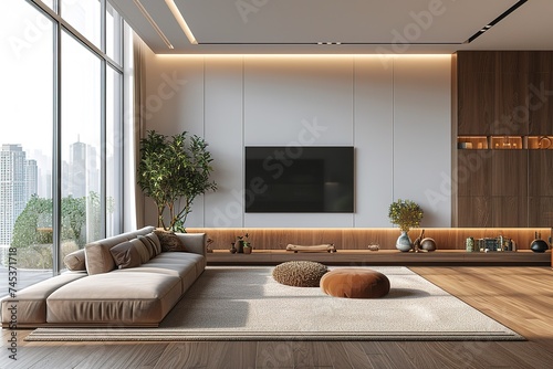3D rendering minimal style living room with wooden floor  white wall wooden brown cabinet big window carpet