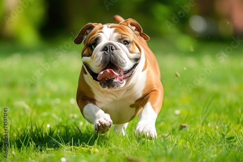 A fawn Bulldog, a carnivorous dog breed, is running happily in the grass