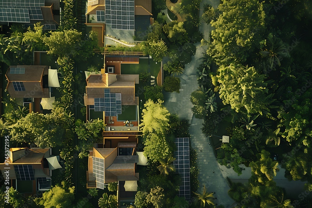 An enchanting aerial shot capturing the magnificence of solar-powered houses against a backdrop of nature's beauty.