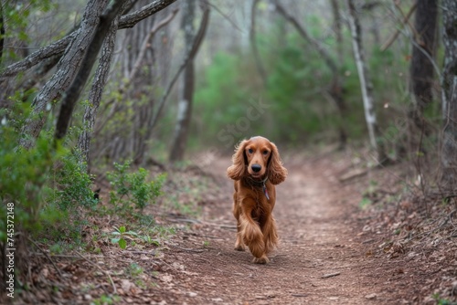 A livercolored cocker spaniel is bounding along a forest trail