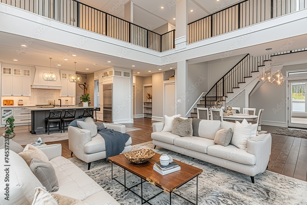 Foto de Beautiful living room interior in new luxury home with open ...
