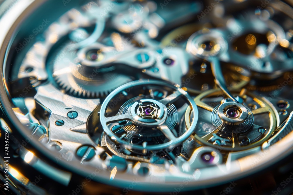 A close-up view of the intricate gears and mechanisms within a luxury mechanical watch. A close-up view of the intricate gears and mechanisms within a luxury mechanical watch.