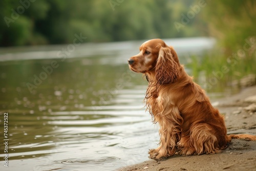 a cocker spaniel is sitting on the shore of a lake