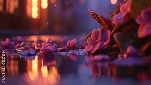 a bunch of pink flowers sitting on top of a puddle of water in front of a building with lights in the background.