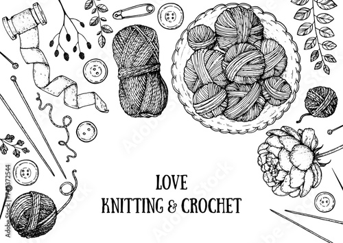 Knitting and crochet sketch. Vector hand drawn collection. Engraved style. Sketch collection. Design elements. photo