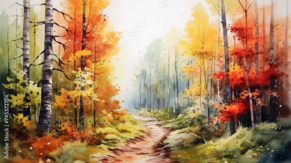 Lush Autumn Watercolor Forest - This exquisite watercolor painting captures the lush beauty of an autumn forest. The rich palette of fall colors creates a captivating and immersive visual experience.