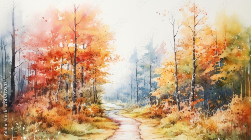 Watercolor Autumnal Forest Scene - An enchanting watercolor depiction of an autumn forest. The blend of warm colors and soft textures creates a tranquil and picturesque scene for all art lovers.