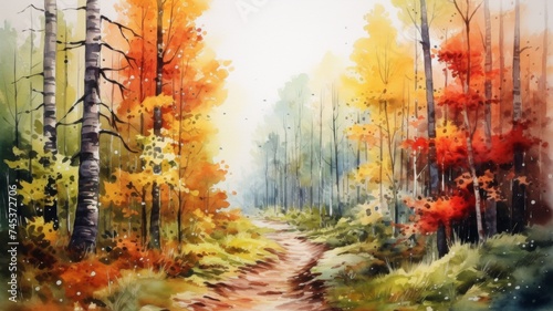 Lush Autumn Watercolor Forest - This exquisite watercolor painting captures the lush beauty of an autumn forest. The rich palette of fall colors creates a captivating and immersive visual experience.