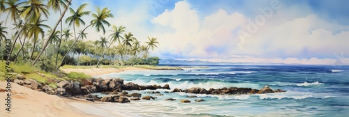 Tropical Beach Serenity - Tranquil beach scene with swaying palms and turquoise waters inviting peaceful contemplation and leisurely daydreams, perfect for vacation themes.