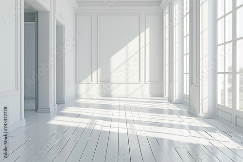 Blank white interior room background  empty white walls corner and white wood floor contemporary 3D rendering