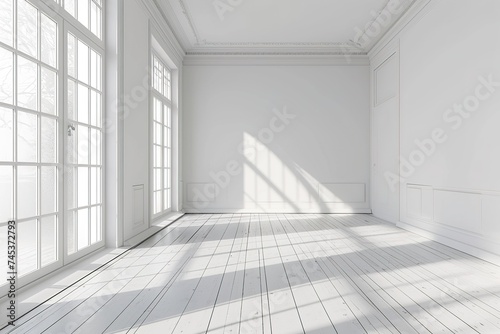 Blank white interior room background ,empty white walls corner and white wood floor contemporary,3D rendering