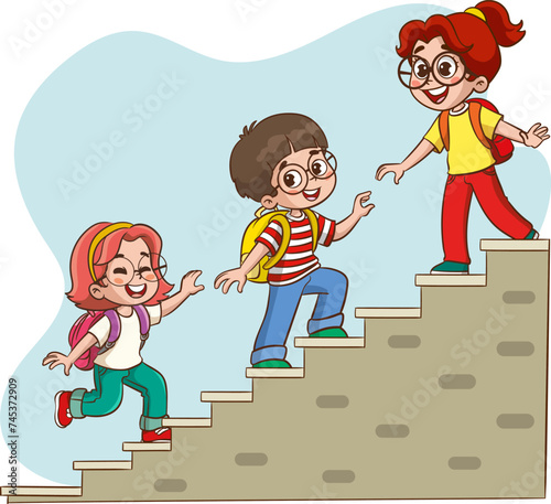 Cute children climb the stairs of success by working as a teamwork partnership