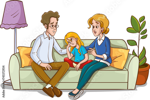 Father and Mother Comfort Children.Sad Son and Daughter Crying and Feeling Sad.Vector Illustration