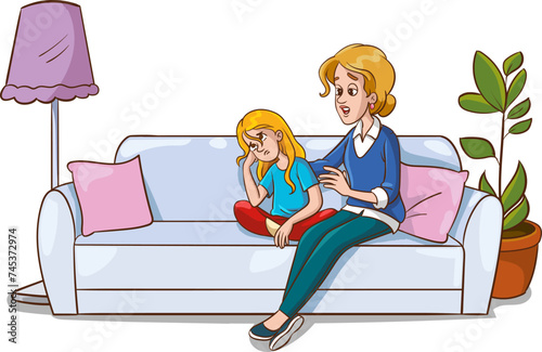 Father and Mother Comfort Children.Sad Son and Daughter Crying and Feeling Sad.Vector Illustration