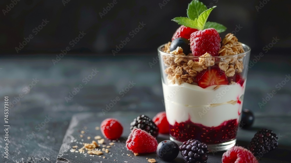 Healthy breakfast. Yogurt with granola and fresh berries. Diet, low calorie, weight loss food. Active, fit, healthy lifestyle. Healthy breakfast. Yogurt with granola and fresh berries. Diet, low calorie, weight loss food. Active, fit, healthy lifestyle.