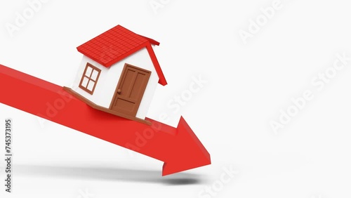 Housing Crisis, Low prices. Housing market is falling. Home Finances, Recession. Concept of decreasing or slumping home prices and value or a real estate bust. House on downward arrow 4k 3d animation photo