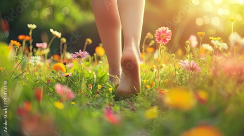 Woman feet walking on summer meadow with flowers concept wallpaper background