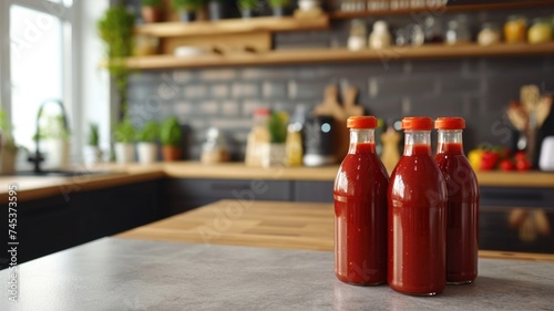 Homemade Tomato Sauce in Glass Bottles on Kitchen Counter in Sunlight