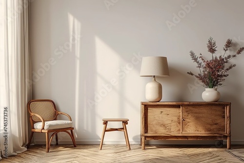 Desk lamp on a small table and a simple, wooden cabinet in an empty living room interior with white wall and place for a sofa. Real photo.