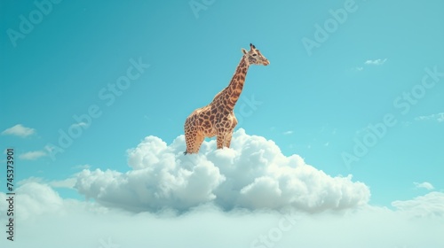 a giraffe standing on top of a cloud in the sky with a blue sky in the back ground. © Anna
