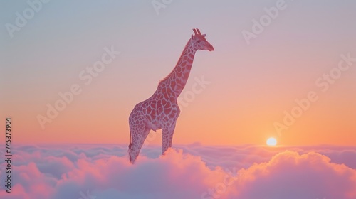 a giraffe standing in the middle of a cloud filled sky with the sun in the distance behind it. © Anna