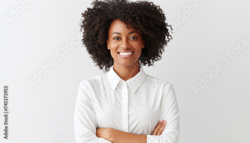 Young female professional. White background, copy space. Business Casual wearing white blouse. Natural look. Product advertising face testimonial. Happy smiling face. Advertising Campaign model.

