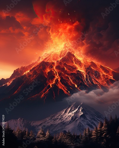 Volcanic Eruption: Hot Lava Flowing from High Mountain