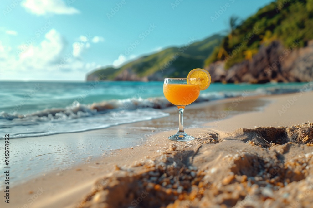 Glass with fruit slice on the rim stands on sand against a tropical beach with sea
Glass with fruit slice on the rim stands on sand against a tropical beach with sea